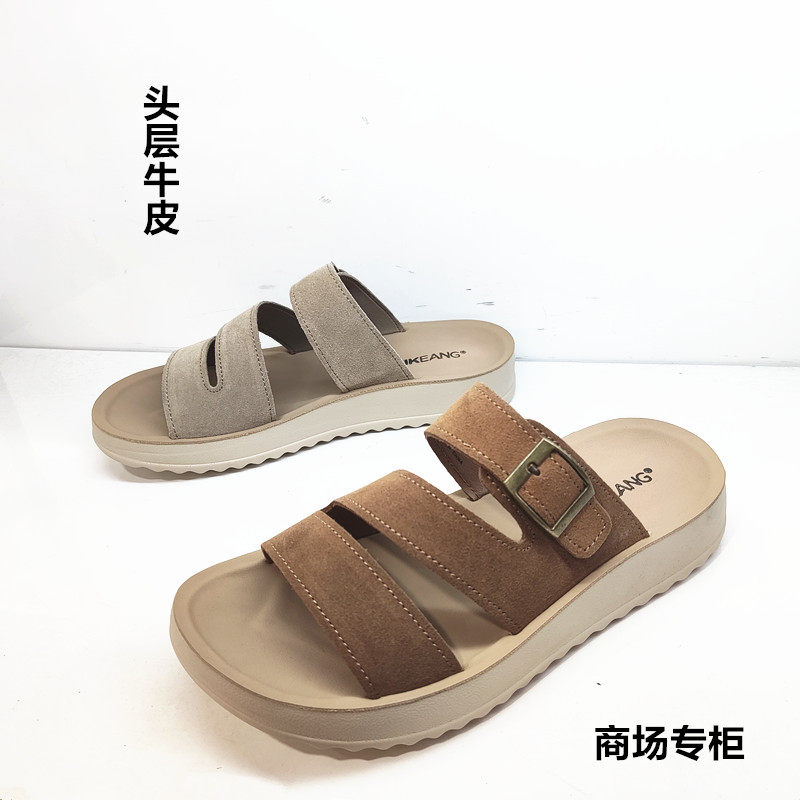 商场真皮勃肯女凉拖鞋2026年夏季新款一字拖复古百搭户外休闲女鞋