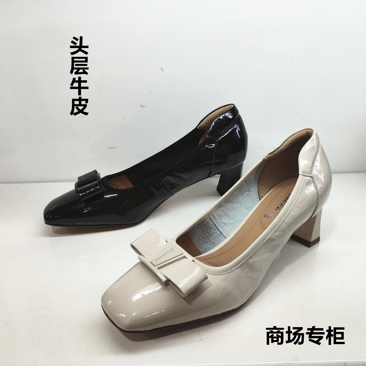 漆皮蝴蝶结中高跟百搭牛皮女单鞋