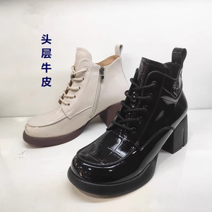 中跟马丁靴女靴2023年秋季新款真皮秋冬季薄绒女鞋粗跟漆皮小短靴