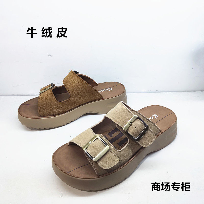 专柜正品2025新款真皮女凉拖鞋时尚百搭露趾皮带扣厚底休闲女凉鞋