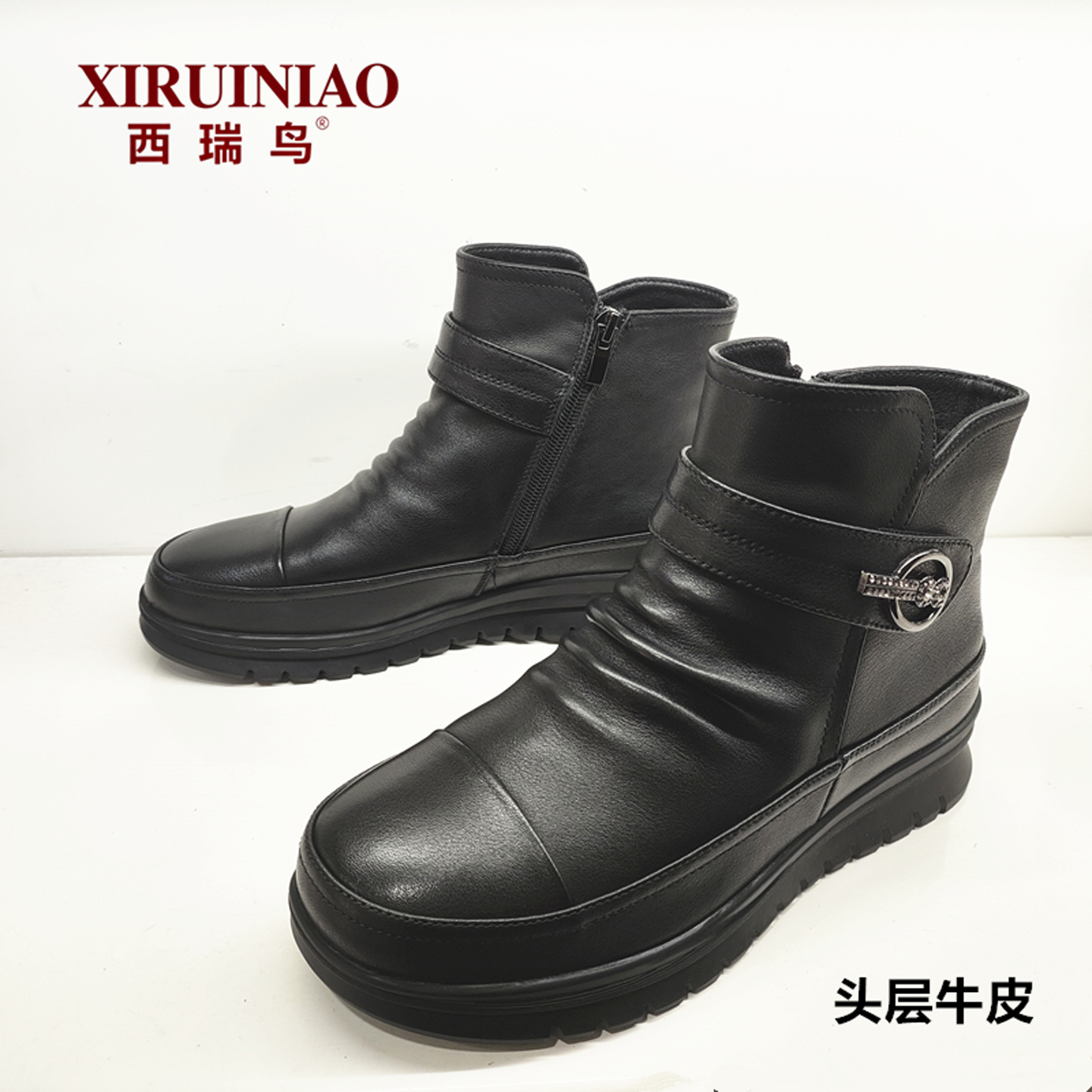 西瑞鸟2025冬季加绒真皮短靴女鞋