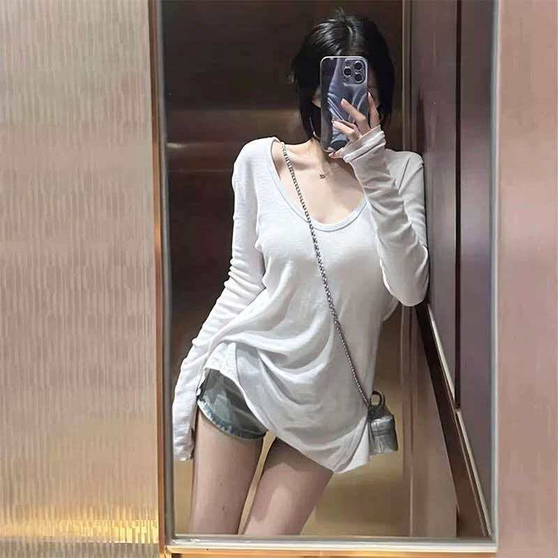 白色纯色长袖防晒衫T恤女夏薄款宽松休闲设计感小众上衣微透罩衫