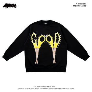 y2k hoodie~国潮剪刀腿圆领卫衣男女同款宽松廓形黑色长袖上衣潮