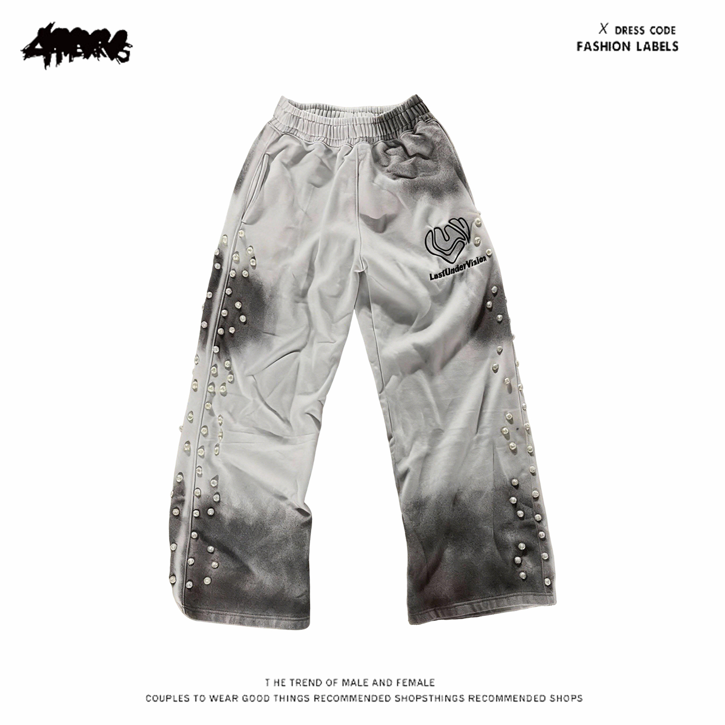 y2k hoodie~街头风涂鸦印花铆钉装饰阔腿裤男女松紧腰宽松长裤