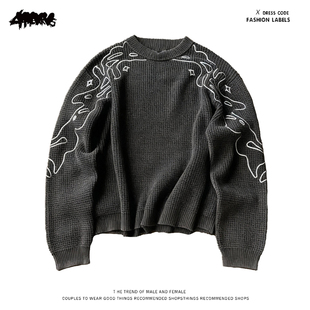 y2k hoodie~美式复古圆领刺绣针织衫男女同款宽松百搭毛衣潮