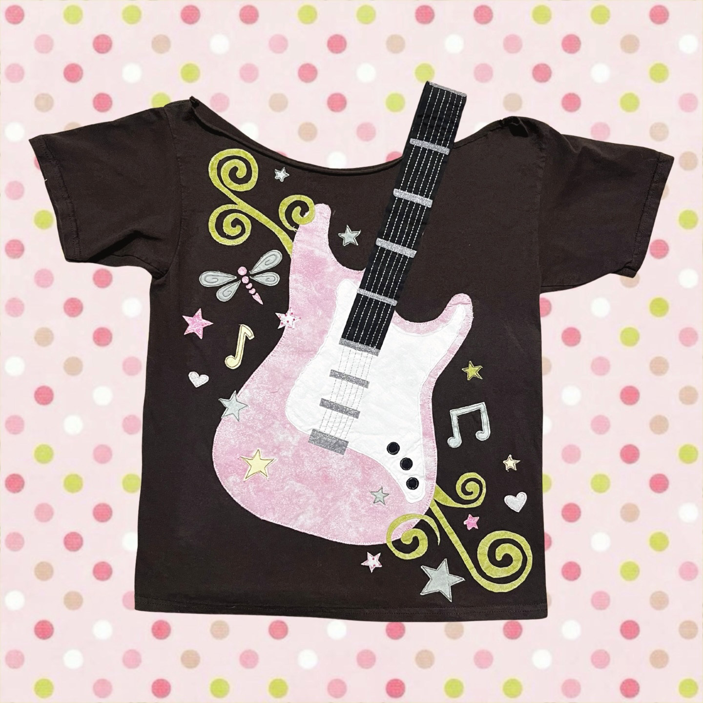 Y2k童趣少女风深棕电吉他贴布短袖T恤蜻蜓音符爱心印花宽松上衣