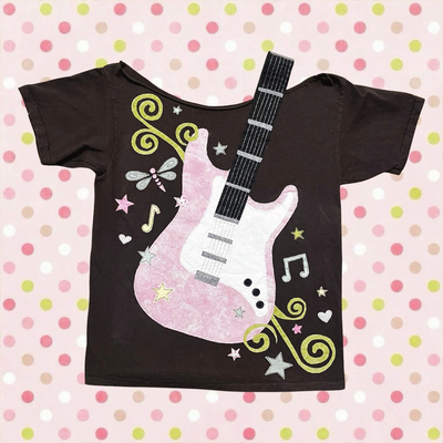 Y2k童趣少女风深棕电吉他贴布短袖T恤蜻蜓音符爱心印花宽松上衣