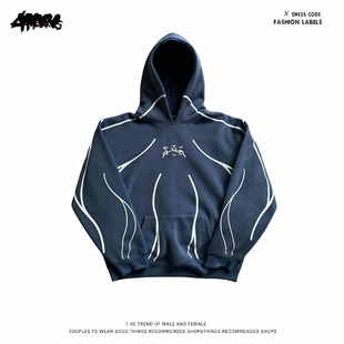 Y2K美式复古线条连帽卫衣男女同款宽松套头衫街头潮流运动通勤风