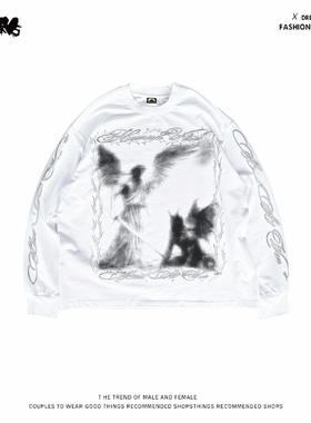 y2k hoodie复古街头风天使印花长袖T恤男女白色百搭上衣潮酷风格