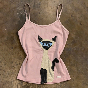 美式复古Y2K风猫咪贴布吊带背心女千禧风收腰显瘦设计感小众上衣