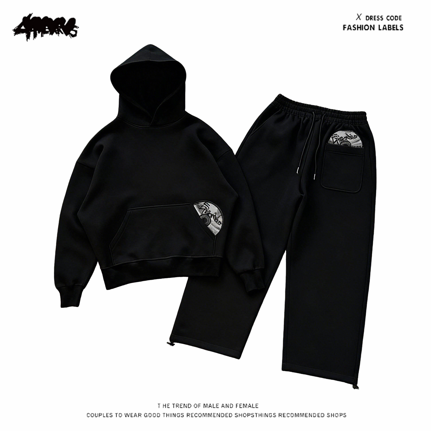 y2k hoodie街头潮流连帽卫衣套装男女宽松休闲运动穿搭黑色两件套