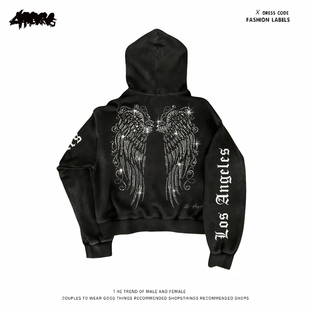 y2k hoodie复古风黑色天使翅膀印花连帽卫衣男女同款宽松拉链开衫