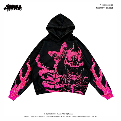 y2k hoodie~美式复古嘻哈风连帽卫衣男女宽松街头潮牌骷髅套头衫