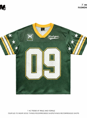 y2k hoodie~美式复古运动风短袖T恤男女宽松透气绿色数字休闲上衣