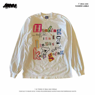 y2k hoodie~美式小众卡通风涂鸦印花长袖T恤男女情侣同款百搭上衣