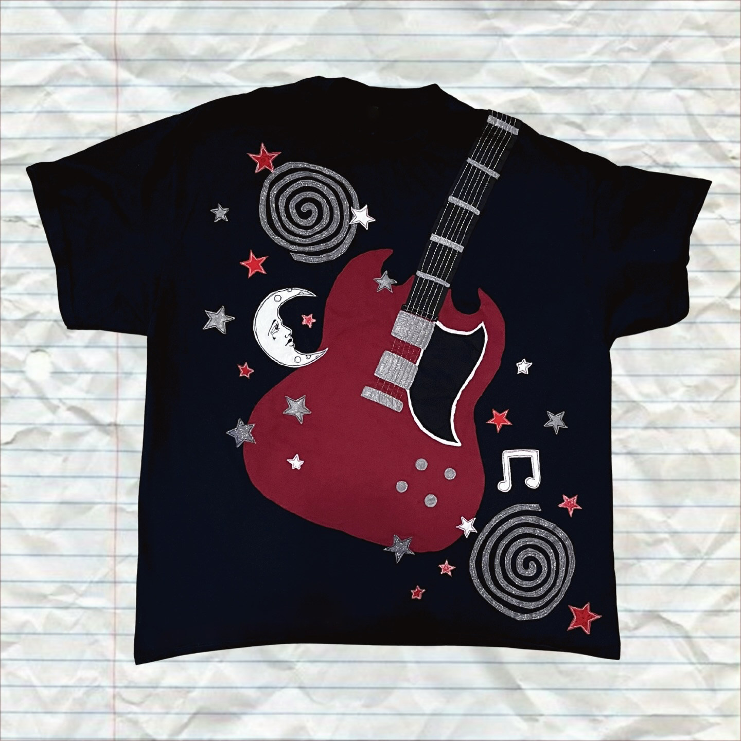 Y2k辣妹风艺术涂鸦风黑色短袖T恤女电吉他星月印花甜酷辣妹风上衣