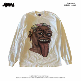 y2k hoodie~街头休闲风卡通印花长袖T恤男女同款白色百搭潮牌上衣