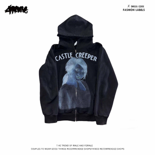 y2k 嘻哈风骷髅印花连帽卫衣男女通用黑色拉链外套百搭 hoodie美式