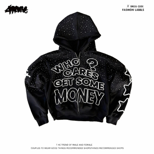 y2k hoodie~高街风字母连帽卫衣男女同款黑色拉链开衫宽松百搭潮