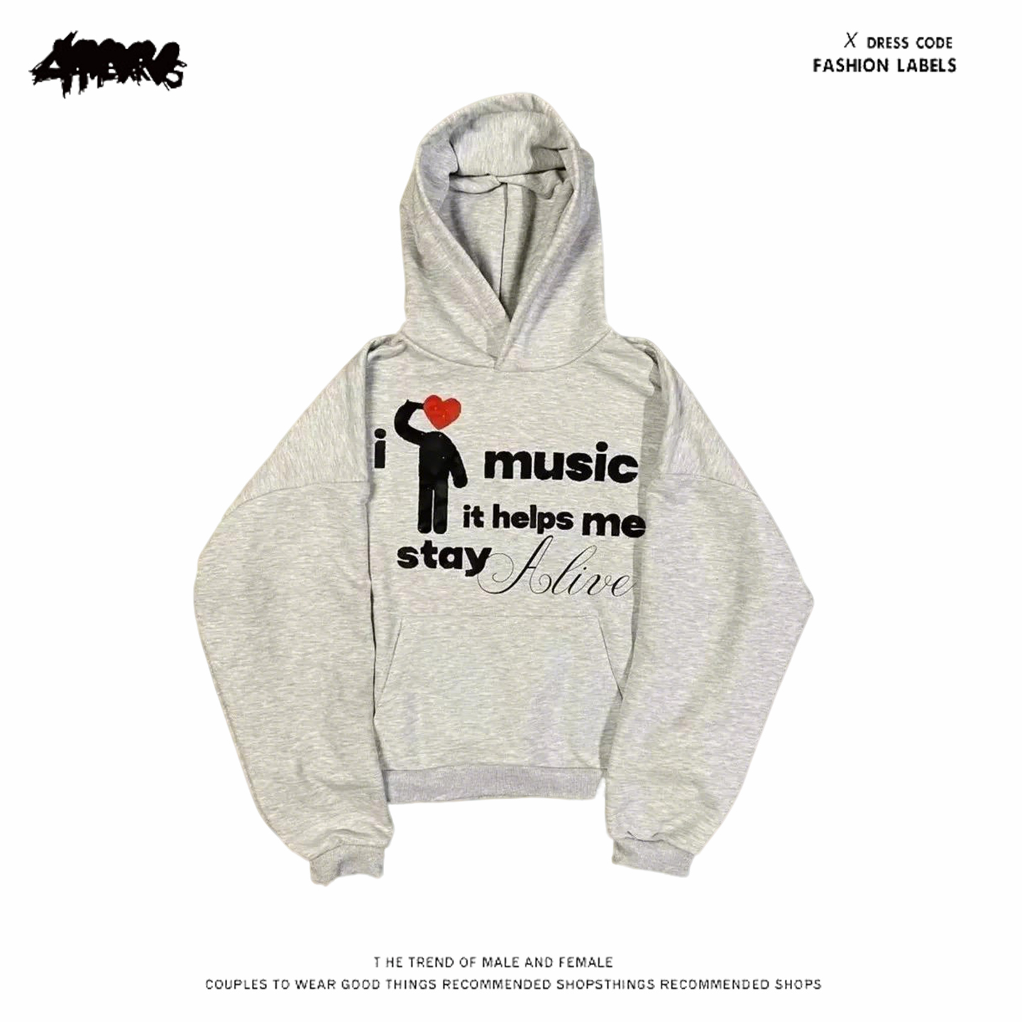 y2k hoodie~街头风印花连帽卫衣男女情侣装灰色宽松长袖潮牌卫衣