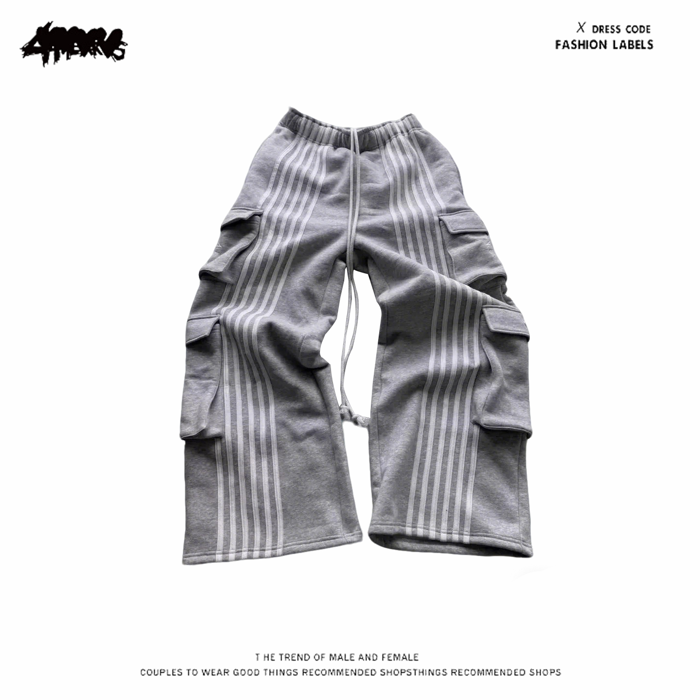 y2k hoodie~街头工装风灰色条纹多口袋宽松长裤男女同款休闲裤