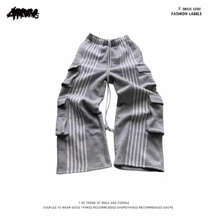 y2k hoodie~街头工装风灰色条纹多口袋宽松长裤男女同款休闲裤