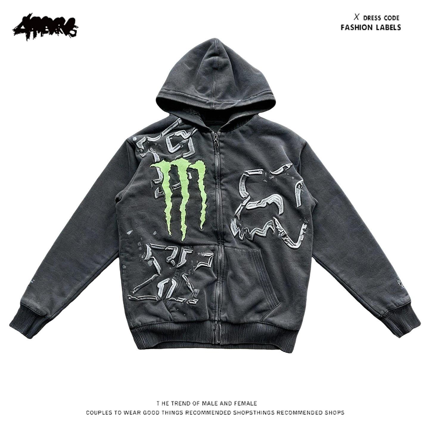 y2k hoodie美式复古连帽卫衣男女街头风拉链外套小众设计痞帅上衣