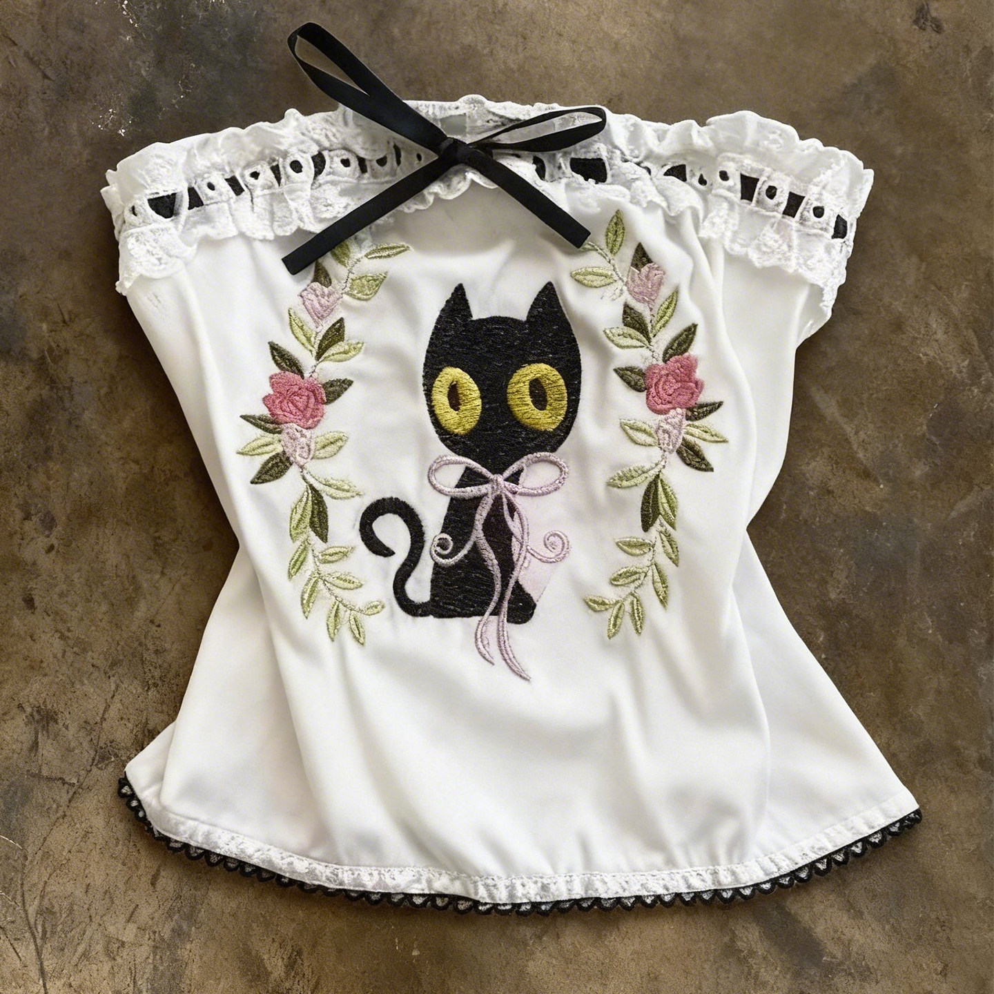 轻亚比文化日系甜酷猫咪刺绣一字肩衬衫蕾丝花边收腰显瘦少女上衣