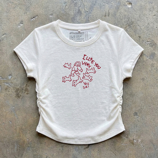 YOU短袖 LIKE 夏季 抽绳褶皱收腰正肩修身 T恤 美式 短款 复古简笔画I