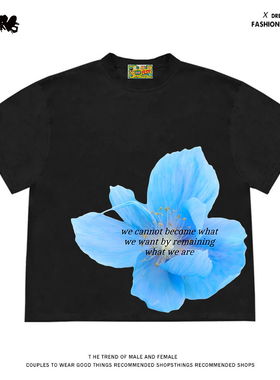 4HEARTS 个性街头风潮流趣味独特百搭style蓝色花朵字母短袖T恤潮