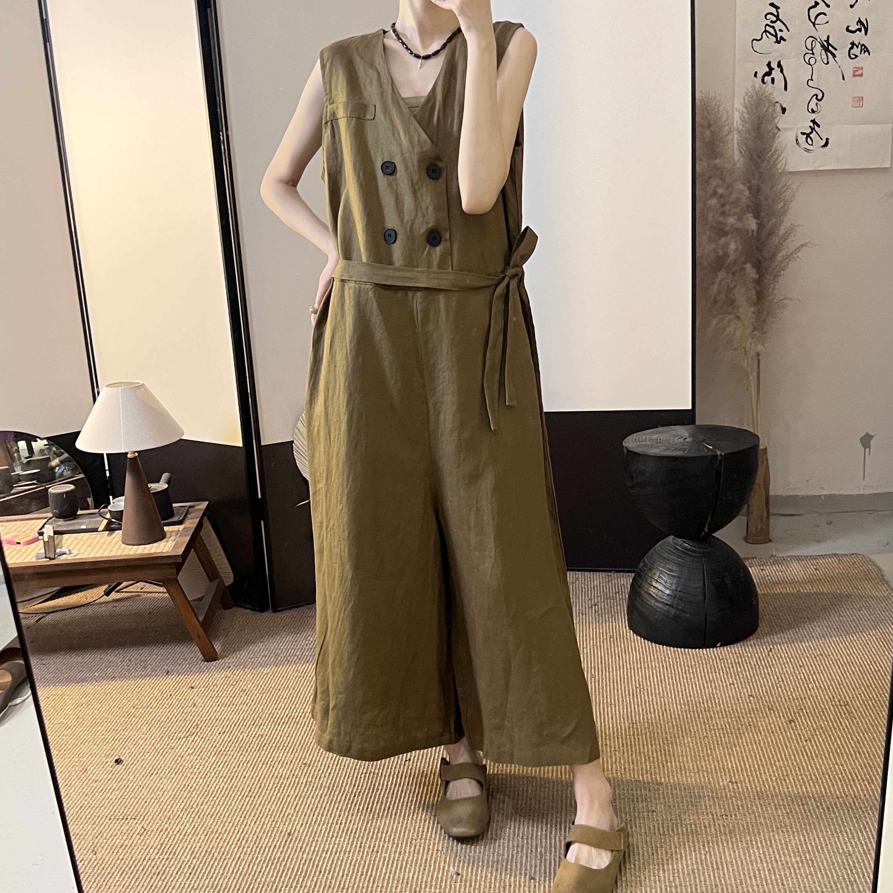 半自由夏季新款亚麻连体裤气质高级感腰带小众设计时尚裤子女