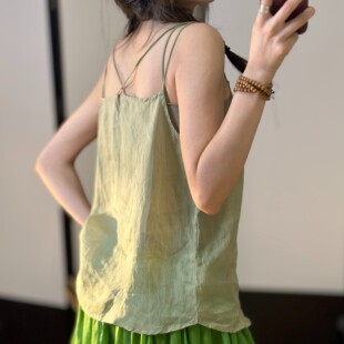 半自由原创夏季新款小众设计后背交叉苎麻小吊带