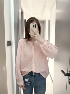 粉色女薄款 宝藏橙子｜纯元 衬衫 N25早秋圆领长袖 波点刺绣上衣