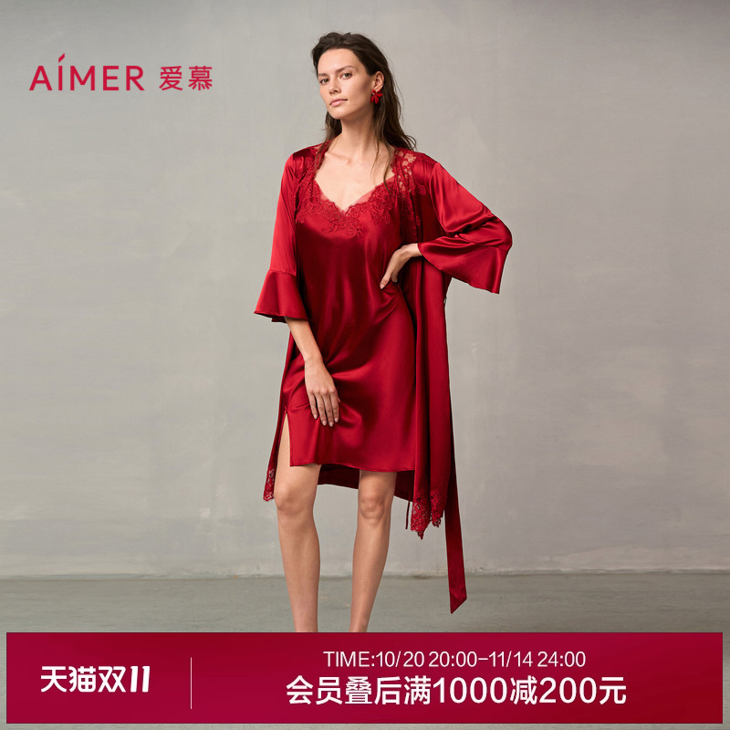 爱慕婚礼之夜红色睡衣女含真丝性感蕾丝晨袍睡袍AM48A051