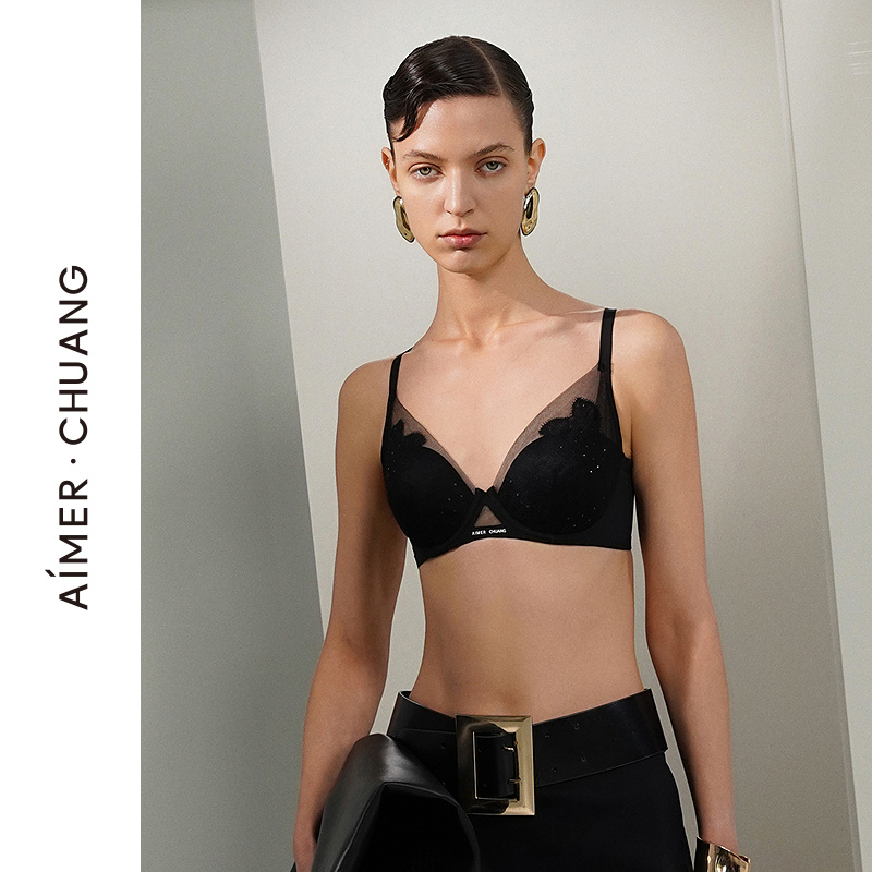 AIMER CHUANG素纹2内衣女轻薄模杯大罩杯大胸显小文胸2025夏