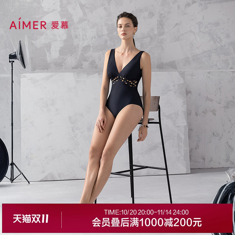 爱慕夏时女海边沙滩温泉收腰显瘦性感深V领镂空连体泳衣AM68B312