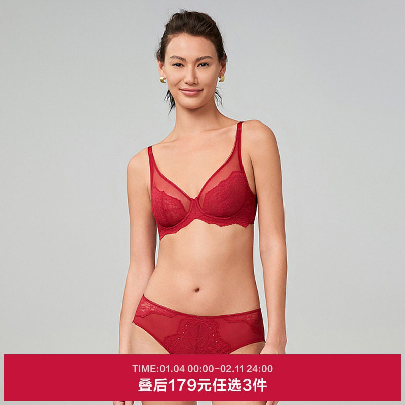 3条179元|爱慕内裤女本命年红色棉质底裆蕾丝中腰三角内裤马年