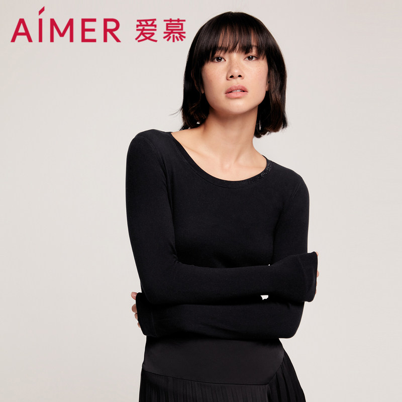 爱慕保暖内衣女中厚红色美绒单层羊绒时尚圆领打底上衣秋衣可外穿