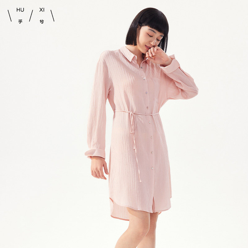 乎兮小海浪褶皱连衣裙女2024夏季新款中长款显瘦裙子系带抽绳春秋