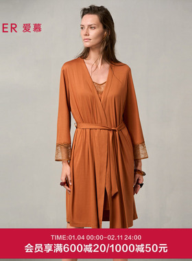 爱慕梦远星河睡衣女24秋冬薄款蕾丝晨袍莫代尔睡袍家居服AM48A041