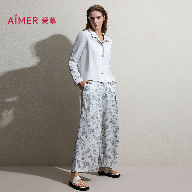 爱慕25秋冬印花家居女士翻领开衫长袖睡衣分身套装AM46D122