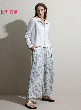 爱慕25秋冬印花家居女士翻领开衫长袖睡衣分身套装AM46D122