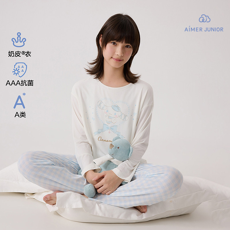 爱慕少女奶皮抗菌少女春夏奶皮格纹大耳狗少女长袖上衣/长睡裤