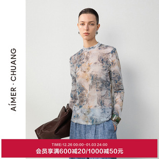 AIMER 上衣女25夏CA721682 CHUANG空气轻薄印花打底百搭小高领长袖