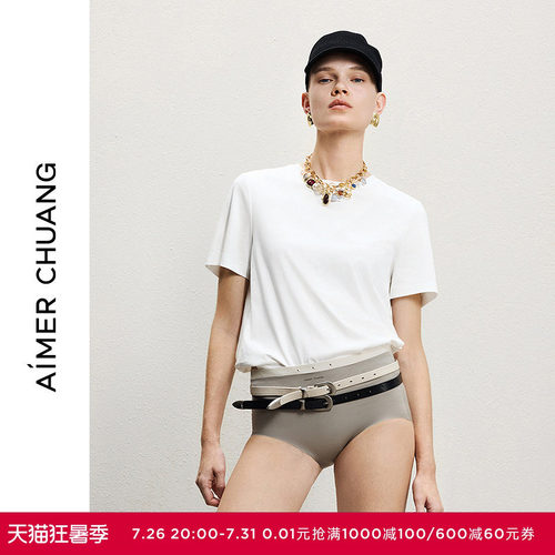 AIMER CHUANG不染4棉质春夏女双面布圆领短袖修身打底T恤CA722251