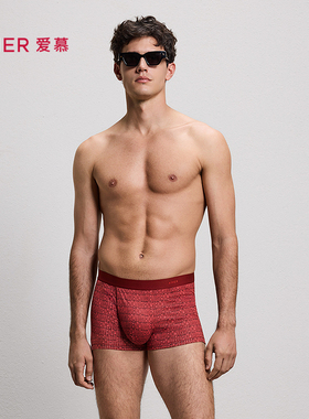 爱慕先生25秋冬时尚提花男士内裤红色装腰平角裤NS23N102