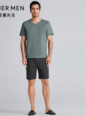 爱慕先生25春夏天丝麻凉感家居男士棉质圆领短袖短裤套装NS43L411