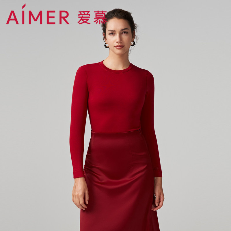 爱慕保暖内衣女秋冬本命年红品含山羊绒圆领长袖上衣AM729051