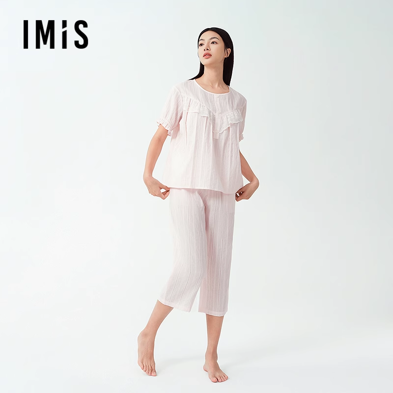 爱美丽2025年春棉棉假日纯棉梭织蕾丝短袖上衣七分裤家居服套装女