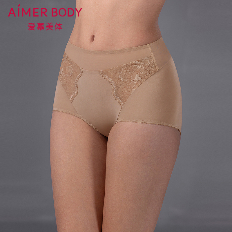 爱慕美体25春夏简塑内裤女棉质底裆性感蕾丝高腰平角裤AD230551